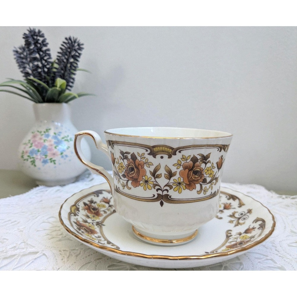 Royal Stafford Clovelly Teacup and Saucer, Floral Bone China Tea Cup, Brown Gold